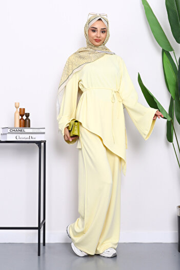 İmajButik Yellow Asymmetrical Cut Tunic Trouser Suit