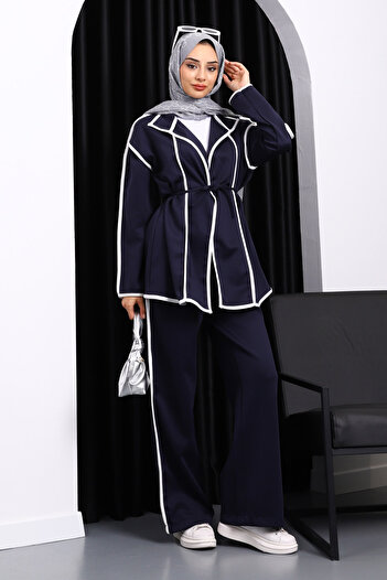 İmajButik Navy Blue Piping Modal Jacket and Pants Set