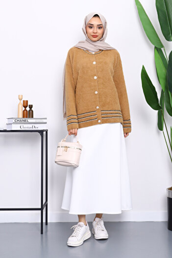 İmajButik Angora Soft Knit Cardigan with Biscuit Piping Detail