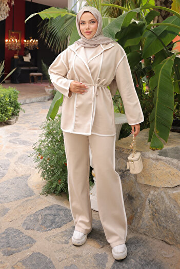 İmajButik Beige Piping Modal Jacket and Pants Set