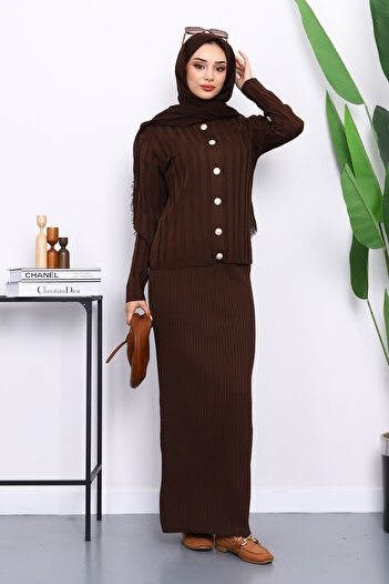 İmajButik Brown Crop Cardigan Knitwear Dress Double Combination