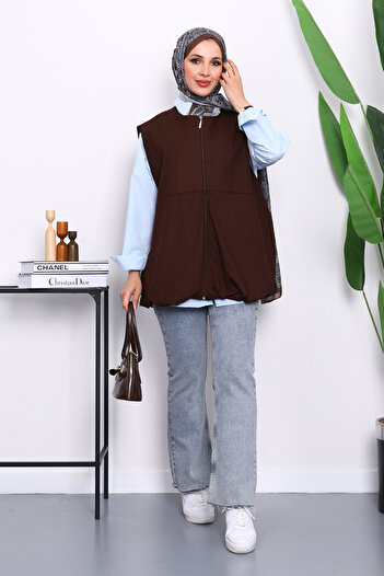 İmajButik Brown Zippered Oversize Lined Vest