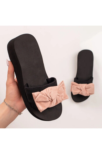 BMoD Women's pink and black slippers with a platform and bow MOD05046
