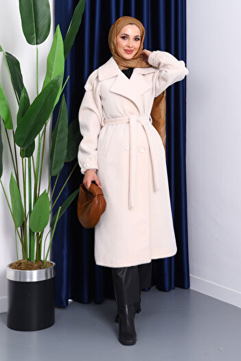 İmajButik Cream Double Breasted Collar Belted Angora Coat