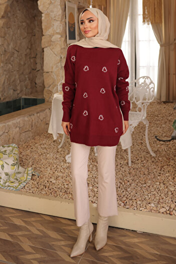 İmajButik Burgundy Heart Embroidered Knitwear Sweater