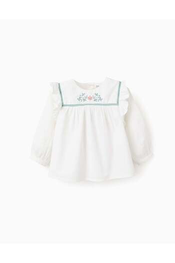 Ziddy Flower Embroidered Twill Shirt for Baby Girls, White