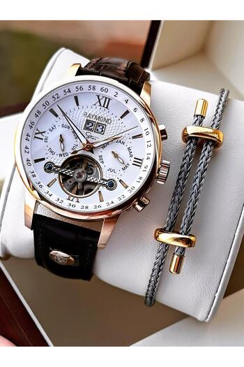 Raymond Special Leather Cord for Engagement and Grooms 2 Years Warranty Automatic Men's Wrist Watch+Bracelet Rmd.M3