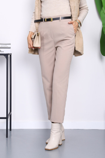 İmajButik Stone Belted Carrot Trousers with Pencil Legs on the Front