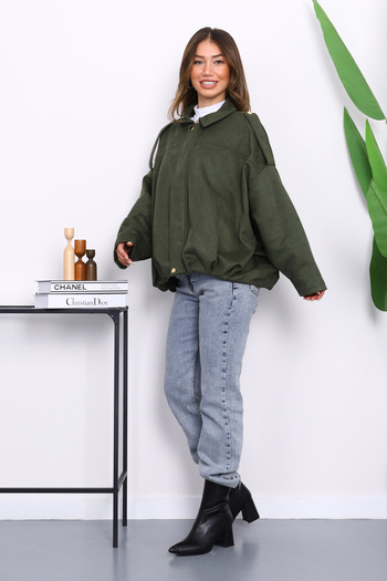 İmajButik Khaki Suede Jacket with Shoulder Epaulettes