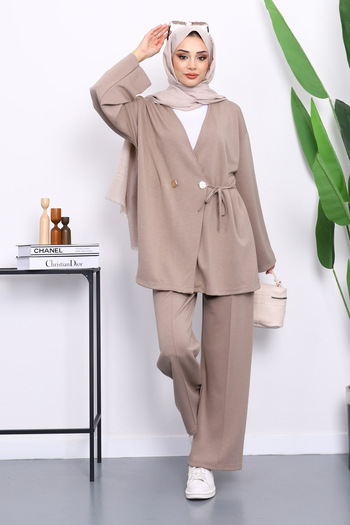 İmajButik Mink Tunic Trouser Suit with Tie Detail