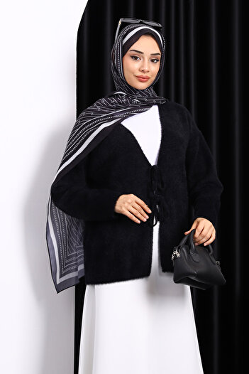 İmajButik Black Angora Soft Cardigan with Front Tie Detail