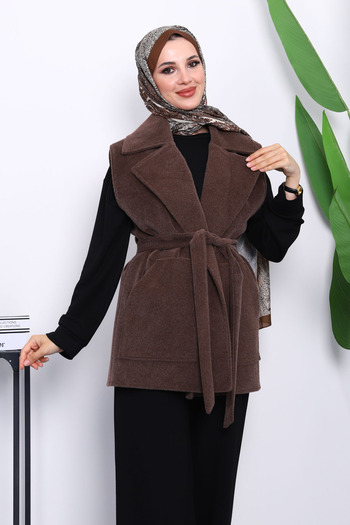 İmajButik Brown Double-Breasted Collar Belted Cashmere Vest