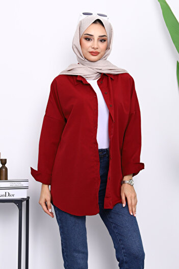 İmajButik Burgundy Buttoned Casual Terikoton Shirt
