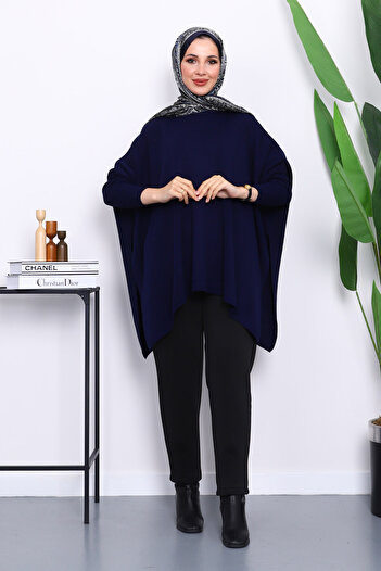 İmajButik Navy Blue Bat Sleeve Poncho Knitwear Tunic