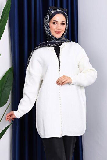 İmajButik Ecru Pearl Soft Knit Cardigan