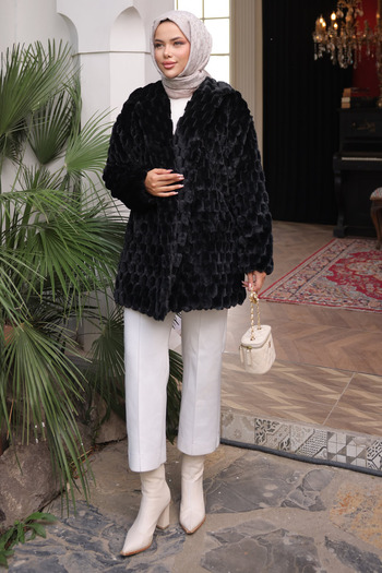 İmajButik Black Collar Double Pocket Fur Coat