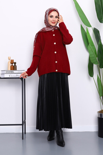 İmajButik Burgundy Crew Neck Angora Soft Cardigan