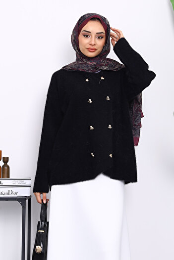 İmajButik Black Heart Button Detailed Angora Soft Knitwear Cardigan