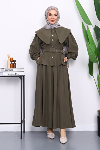 İmajButik Khaki Collar Detailed Shirt Skirt Set