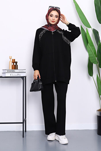 İmajButik Black Stone Detailed Zippered Tunic with Pants Modal Set