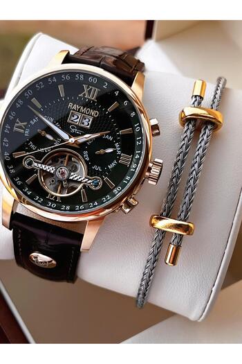 Raymond Special Leather Cord for Engagement and Grooms 2 Years Warranty Automatic Men's Wrist Watch+Bracelet Rmd.M4