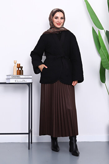 İmajButik Black Quilted Belted Lined Jacket