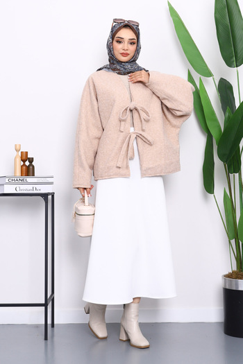 İmajButik Beige Felt Kimono Jacket with Tie Front