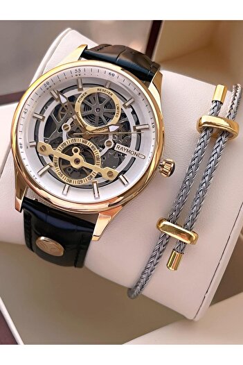 Raymond Special Leather Cord for Engagement and Grooms 2 Years Warranty Automatic Men's Wrist Watch+Bracelet Rmd.M5