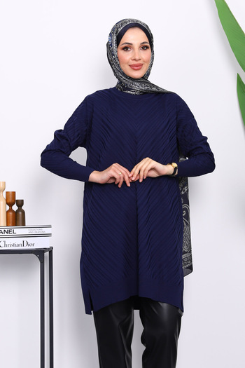 İmajButik Navy Blue Mercerized Cold Yarn Knitwear Tunic
