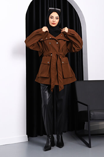 İmajButik Καφέ Oversize Bondit Trench με τσέπες