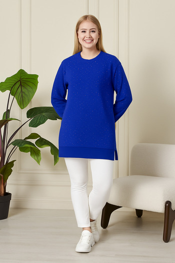 Birol Triko Women's Saks Blue Slit Tunic with Crystal Stone Accessories