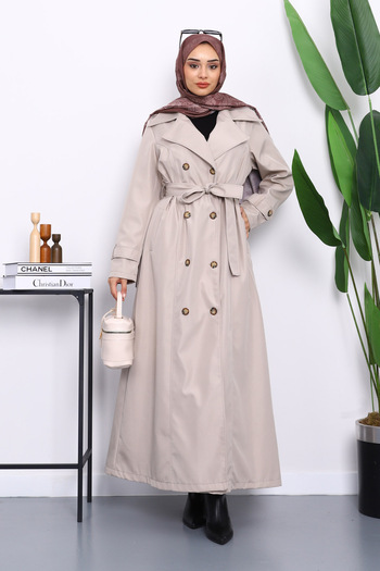 İmajButik Stone Double-Breasted Collar Epaulet Long Trench Coat