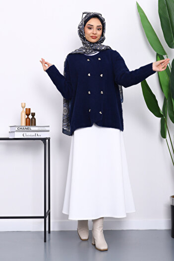 İmajButik Navy Blue Heart Button Detailed Angora Soft Knit Cardigan