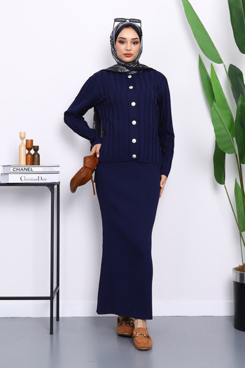 İmajButik Navy Blue Crop Cardigan Knitwear Dress Double Combination