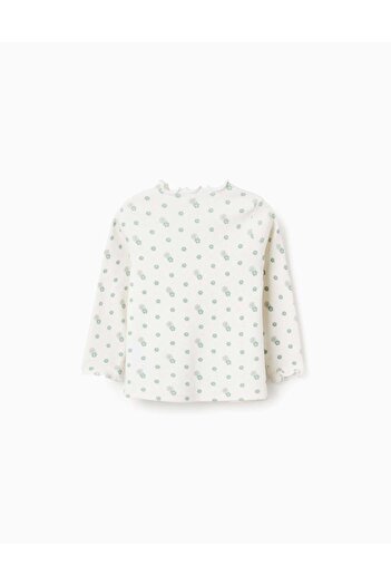 Ziddy Long Sleeve Ribbed T-shirt with Floral Motif for Baby Girls, White