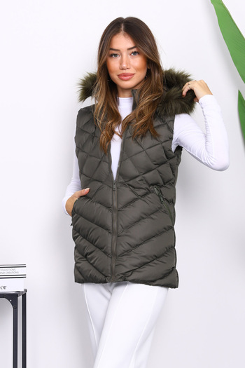İmajButik Khaki Hooded Puffer Vest with Pockets