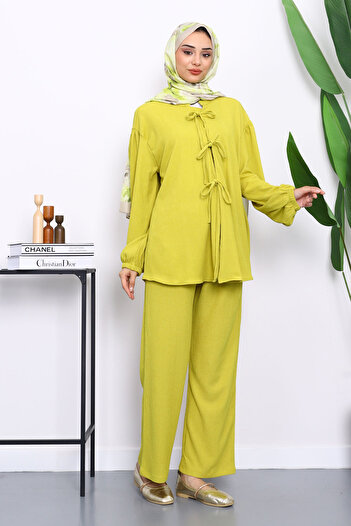 İmajButik Oil Green Front Tie Wrap Kimono Pants Suit