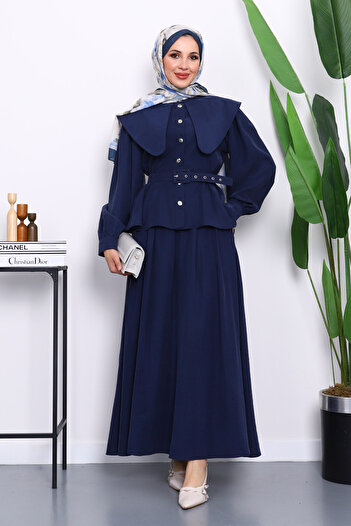 İmajButik Navy Blue Collar Detailed Shirt Skirt Suit