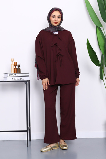 İmajButik Plum Front Tie Wrap Kimono Pants Suit