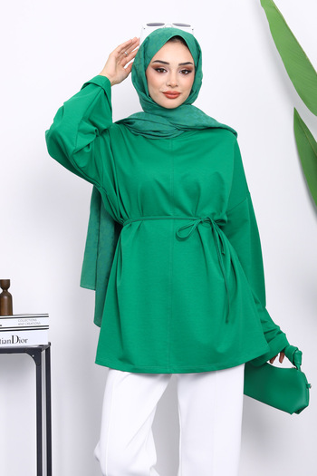İmajButik Green Tunic with Slits on the Sides and Drawstring Waist