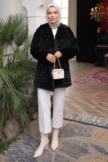 İmajButik Black Collar Double Pocket Fur Coat
