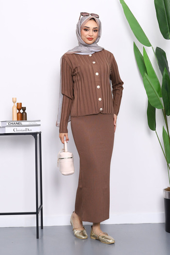 İmajButik Dark Mink Crop Cardigan Knitwear Dress Two-Piece Combination