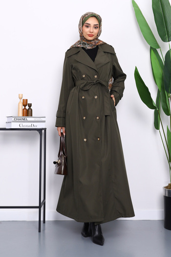 İmajButik Khaki Double-Breasted Collar Epaulet Long Trench Coat