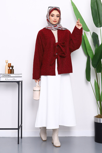 İmajButik Burgundy Tie-Front Felt Kimono Jacket