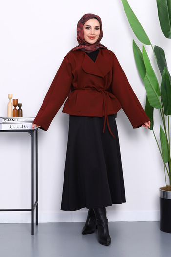 İmajButik Burgundy Shawl Collar Scuba Puff Short Jacket