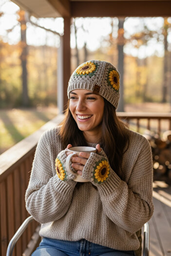 Satürn Hobi Knitted Sunflower Motif Beanie & Gloves Set