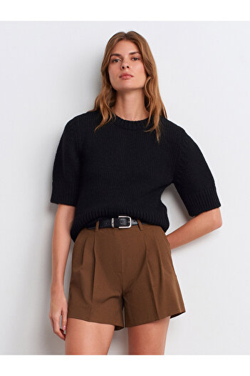 Dilvin 10821 Crew Neck Short Sleeve Knitwear Sweater-Black