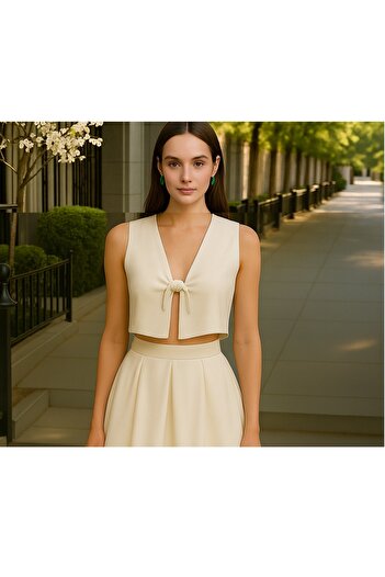MadyaButik Women's Satin Front Tie Ecru Bustier