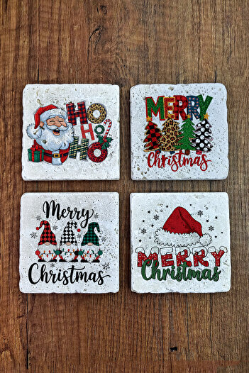 Begoloni Stone Decor Natural Stone Coasters - Merry Christmas New Year Printed 10X10Cm Stone Coasters 486