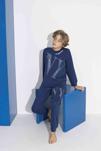 Tarık Erkek Çocuk %100 Pamuk İnterlok Gez Boy NY Baskılı Bisiklet Yaka Uzun Kollu Pijama Takımı